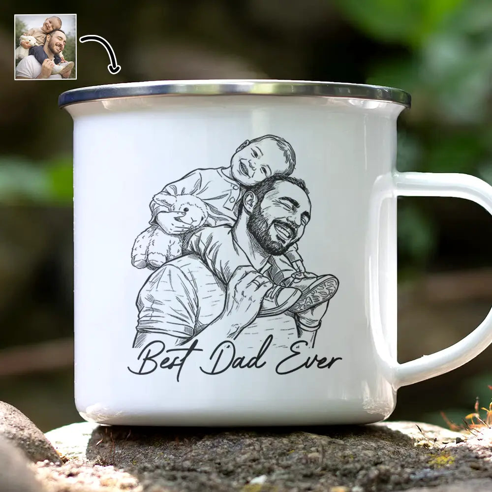 Custom Photo Bold Sketch Best Dad Grandpa Ever Family Portrait - Personalized Enamel Mug