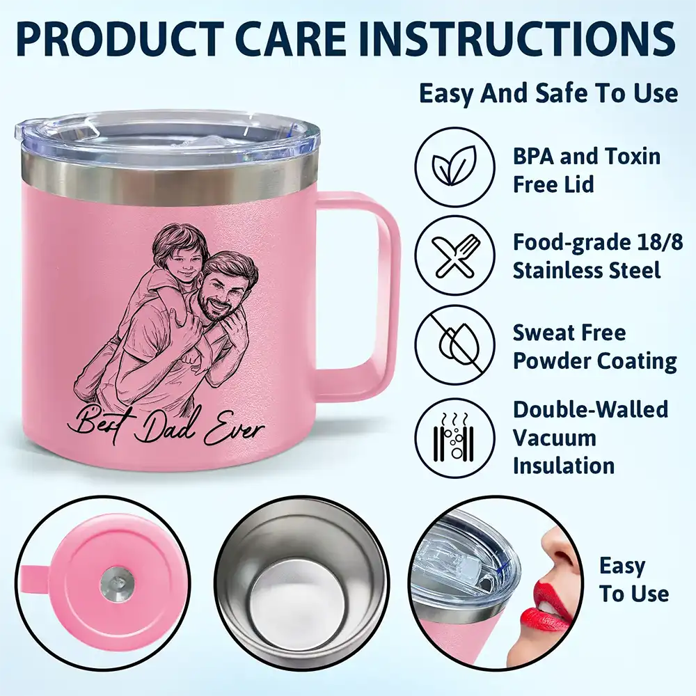 Gift For Father,Gift For Grandpa,Non-Eng,Photo - Pencil Sketch (Bold),Proud - Custom Photo Bold Sketch Best Dad Grandpa Ever Family Portrait - Personalized 14oz Stainless Steel Tumbler With Handle