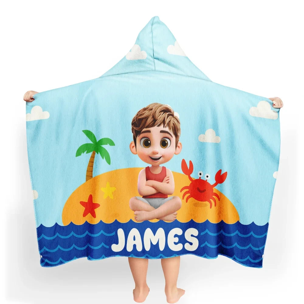 Kid Baby Sitting On The Beach - Personalized Hooded Beach Towel