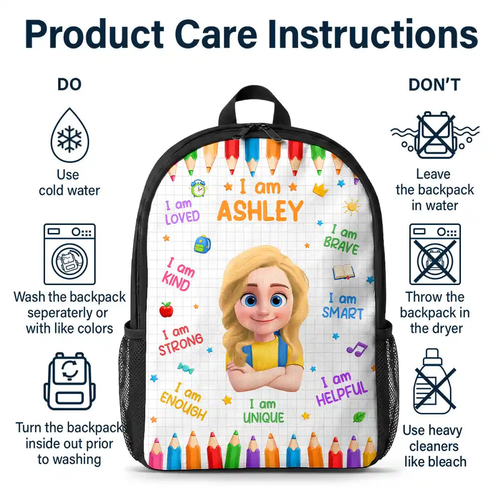 Adorable,Back To School,Gift For Kids,Vector - Kid Affirmation I Am Brave Kind Unique - Personalized Kids Backpack