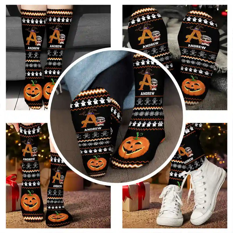 Funny,Gift For Kids,Halloween - Kid Monogram Halloween - Personalized Socks