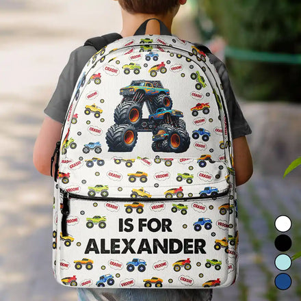 Kid Monster Truck Toy Container Monogram Initial - Personalized Canvas Backpack