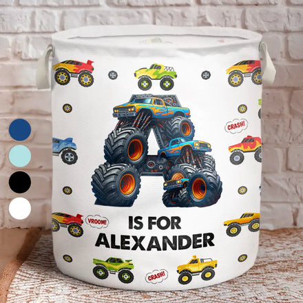 Kid Monster Truck Toy Container Monogram Initial - Personalized Laundry Basket, Storage Basket
