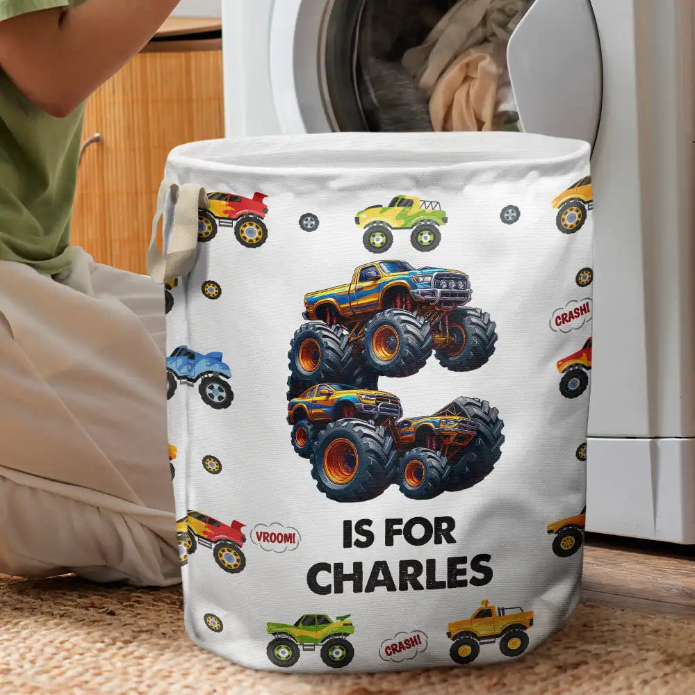 Gift For Kids, Funny - Kid Monster Truck Toy Container Monogram Initial - Personalized Laundry Basket, Storage Basket
