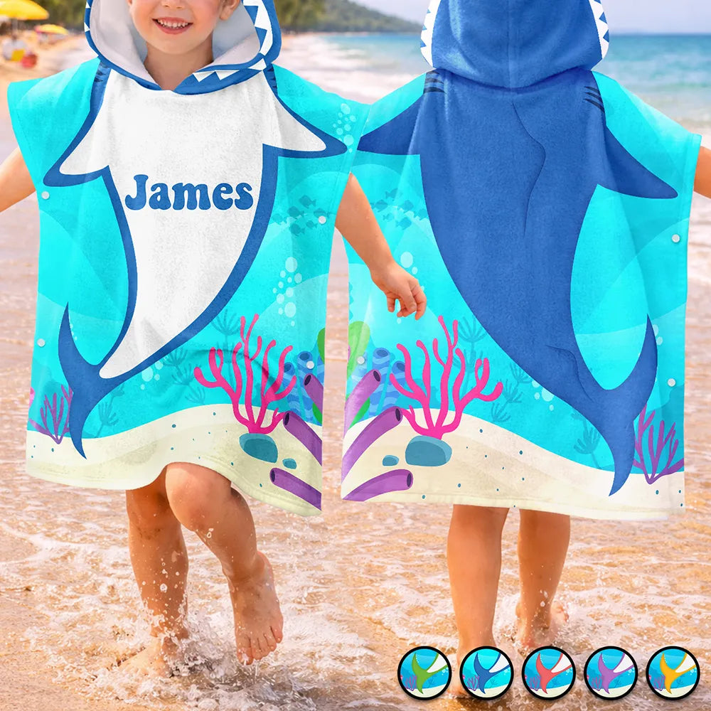 Kid Ocean Shark With Name Summer - Personalized Kids Hooded Poncho Towel