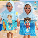 Gift For Kids, Beach, Summer, Adorable, Vector - Kid On Beach And Pool Summer Trip 3D Cartoon - Personalized Kids Hooded Poncho Towel