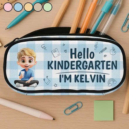 Kid Sitting Hello Kindergarten Grade - Personalized Pencil Case