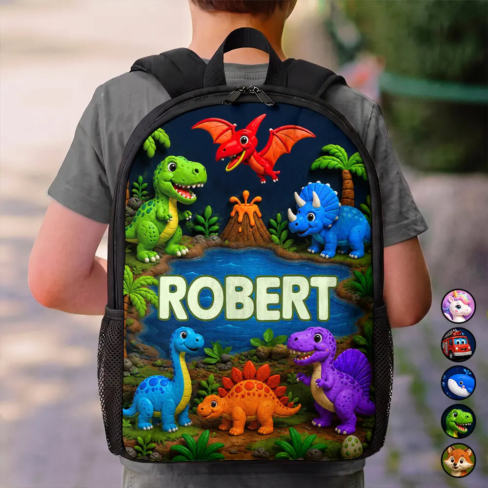 Top Market,Adorable,Back To School,Gift For Kids,Custom Text - Kids Adventure With Dinosaur Unicorn & Wild Animal - Personalized Kids Backpack