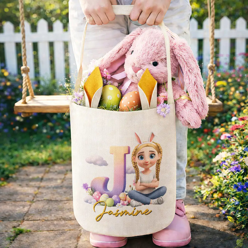 Grandpa - Grandkids,Gift For Kids,Grandma - Grandkids,Gift For Grandkids,Dad - Children,Mom - Children,Parents,Easter - Kids Sitting With Easter Alphabet Letters - Personalized Bunny Ears Bucket Bag