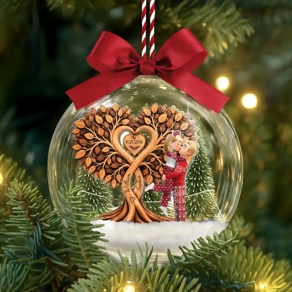 Anniversary,Christmas,Romantic,Gift For Couples,Vector - Kissing Couple Under Heart Tree - Personalized 3D Acrylic Ball Ornament