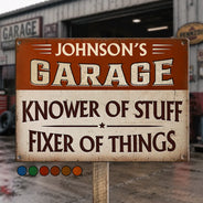 Top Market,Gift For Men,Proud,Gift For Yourself,Custom Text, Garage - Garage Workshop Man Cave Knower Of Stuff Fixer Of Things - Personalized Classic Metal Signs