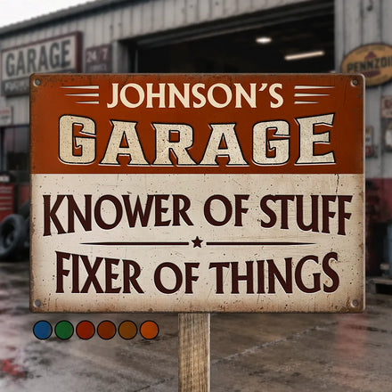 Garage Workshop Man Cave Knower Of Stuff Fixer Of Things - Personalized Classic Metal Signs