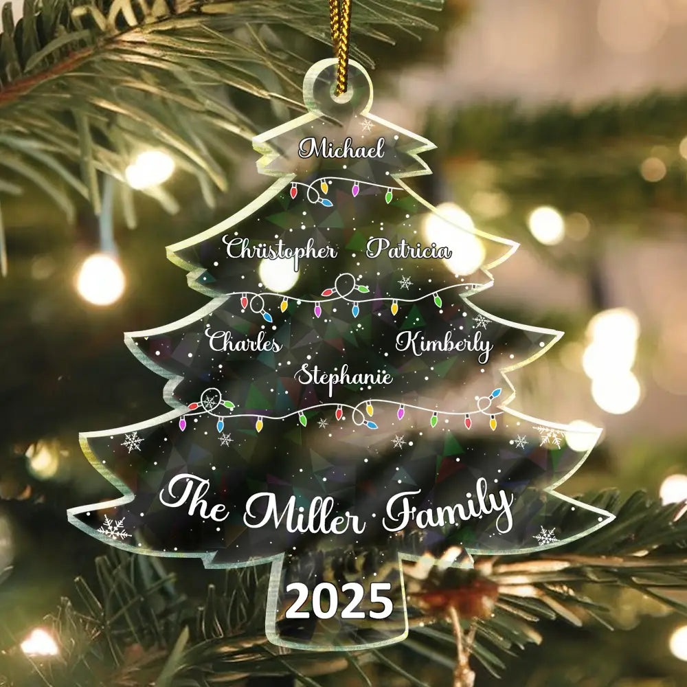 Christmas Tree With Family Names And Led Lights - Personalized Holographic Acrylic Ornament