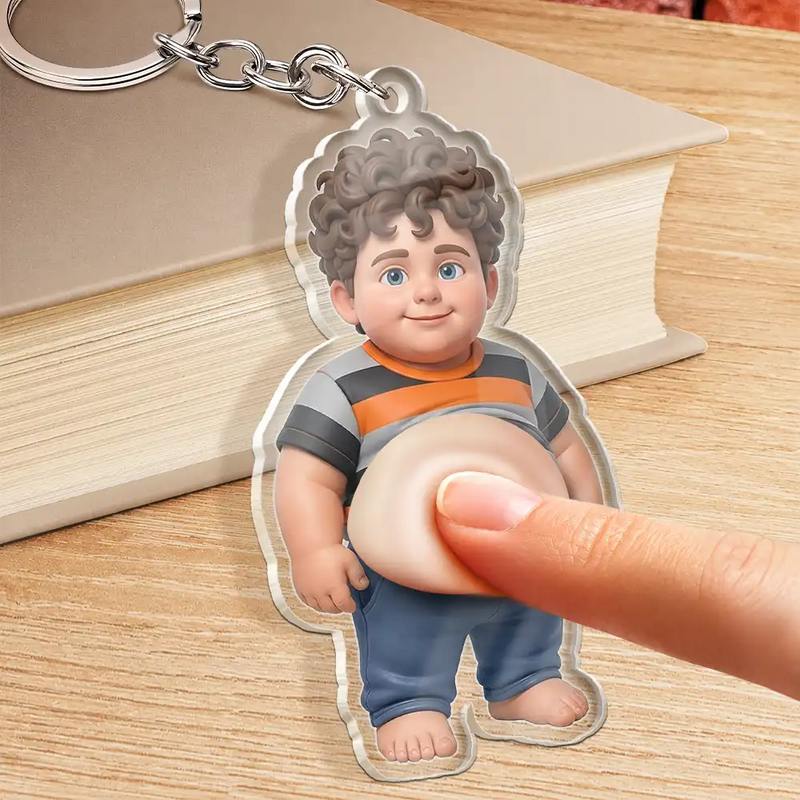 Custom Photo,Art Design,Family,Humorous,Photo - Belly Pose Cartoon Figure - Custom Photo Cartoon Funny Belly Character Family Member And Pet - Personalized Squishy Acrylic Keychain
