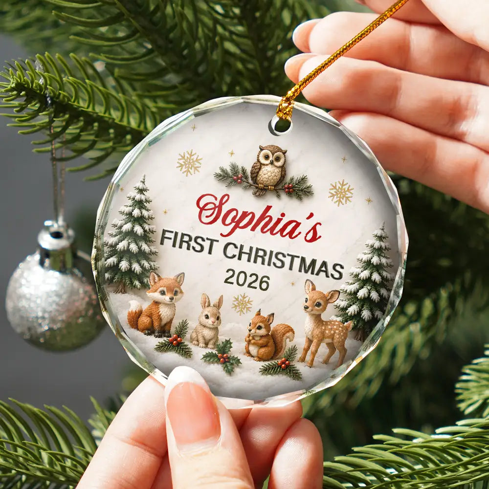 Top Market,Adorable,Gift For Baby,Christmas,Custom Text - Baby First Christmas Animals 3D Effect - Personalized Glass Ornament