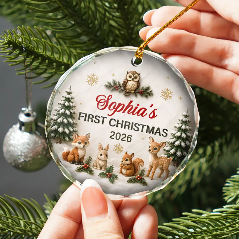 Top Market,Adorable,Gift For Baby,Christmas,Custom Text - Baby First Christmas Animals 3D Effect - Personalized Glass Ornament