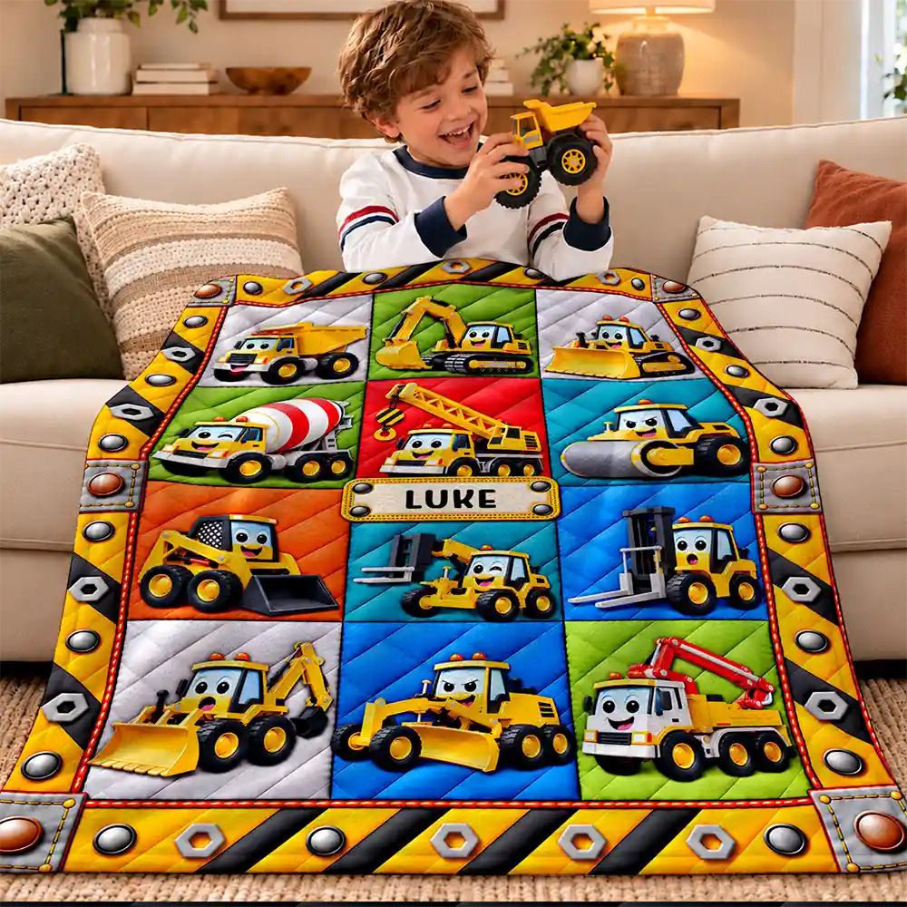 Gift For Boys And Car Lovers - Personalized Name Construction Vehicle Car Faux Patchwork Quilt Fleece Blanket, Sherpa Blanket