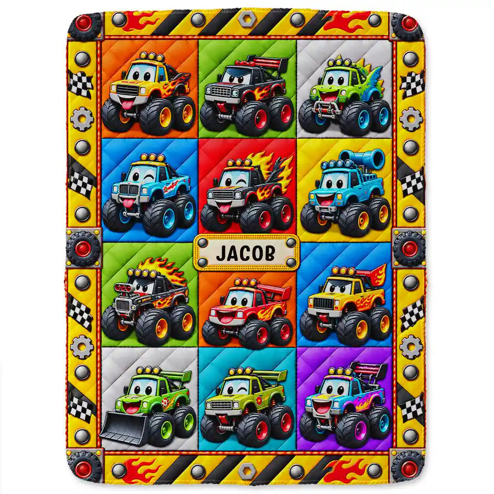 Gift For Boys And Car Lovers - Personalized Name Construction Vehicle Car Faux Patchwork Quilt Fleece Blanket, Sherpa Blanket