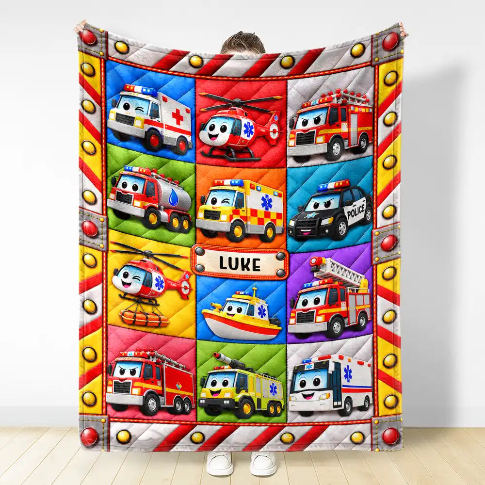 Gift For Boys And Car Lovers - Personalized Name Construction Vehicle Car Faux Patchwork Quilt Fleece Blanket, Sherpa Blanket