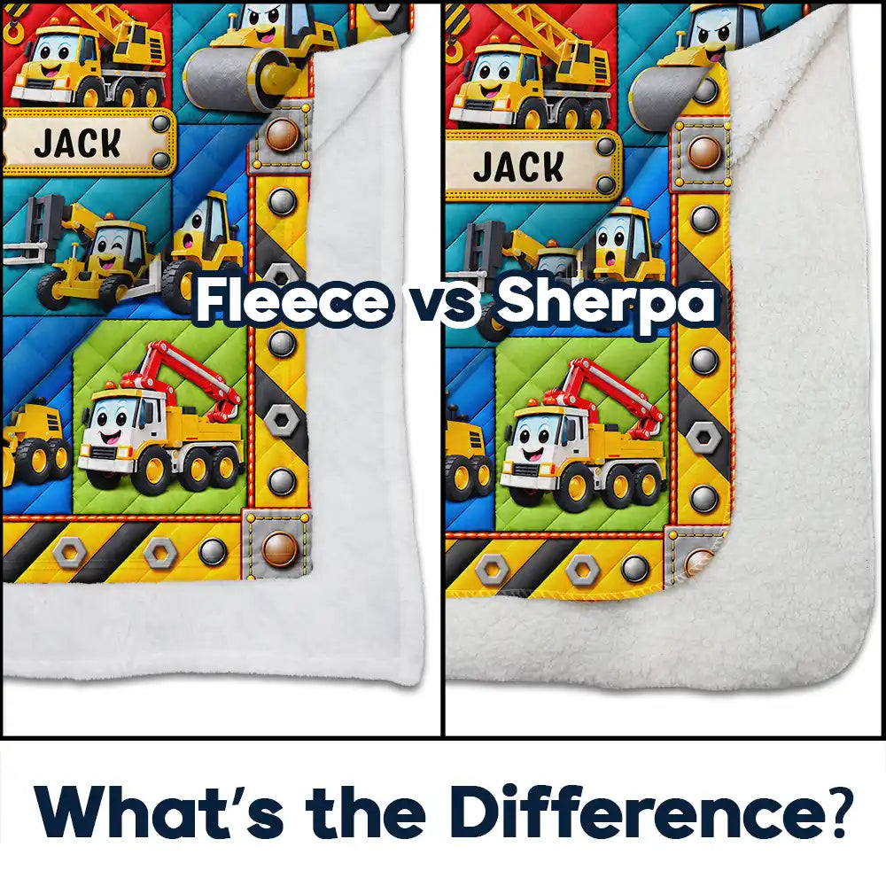 Gift For Boys And Car Lovers - Personalized Name Construction Vehicle Car Faux Patchwork Quilt Fleece Blanket, Sherpa Blanket