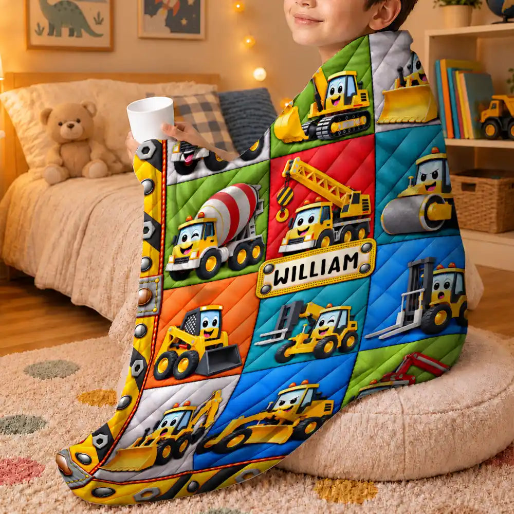 Gift For Boys And Car Lovers - Personalized Name Construction Vehicle Car Faux Patchwork Quilt Fleece Blanket, Sherpa Blanket