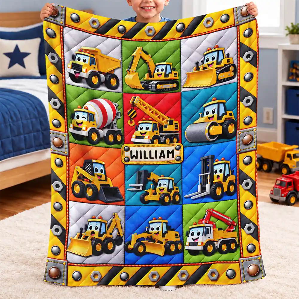 Gift For Boys And Car Lovers - Personalized Name Construction Vehicle Car Faux Patchwork Quilt Fleece Blanket, Sherpa Blanket