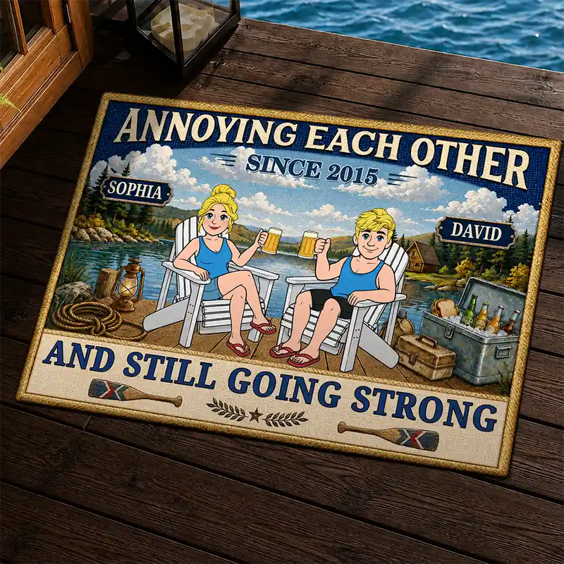 Wedding Anniversary,Old Couples,Outdoor Decor,Lake,Gift For Couples,Custom Text,Happy - Lake House Retro Couple Annoying Each Other - Personalized Doormat