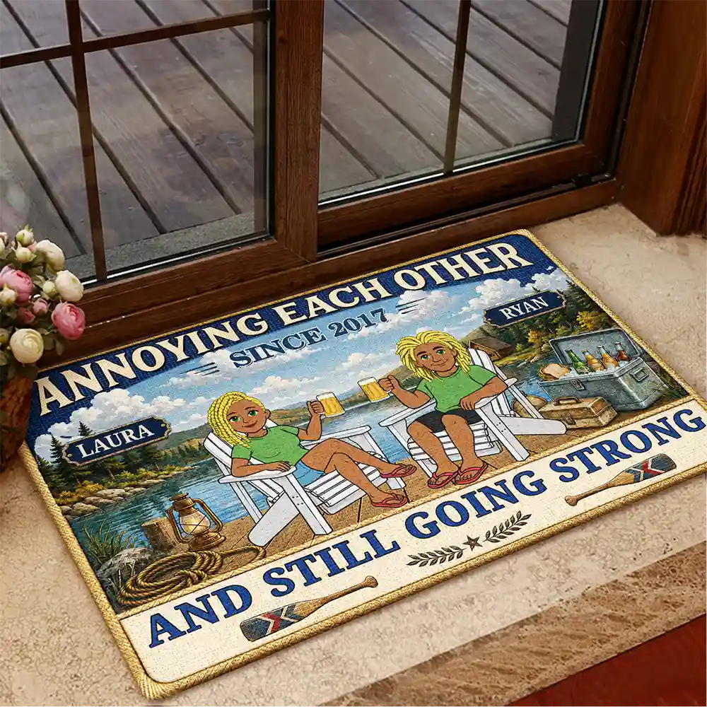 Wedding Anniversary,Old Couples,Outdoor Decor,Lake,Gift For Couples,Custom Text,Happy - Lake House Retro Couple Annoying Each Other - Personalized Doormat