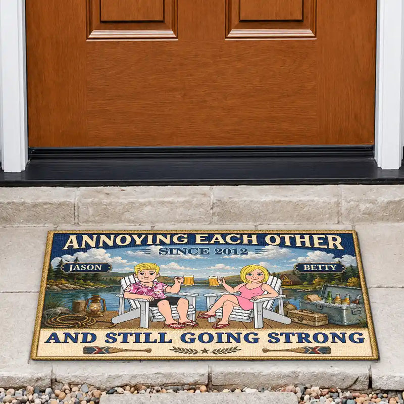Wedding Anniversary,Old Couples,Outdoor Decor,Lake,Gift For Couples,Custom Text,Happy - Lake House Retro Couple Annoying Each Other - Personalized Doormat
