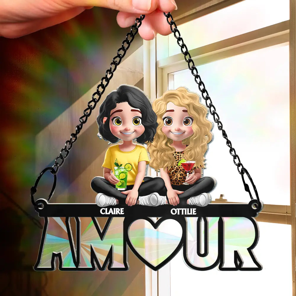 Gift For Couples,Old Couples,Gift For Husband,Gift For Wife,Gift For Boyfriend,Gift For Girlfriend,LGBT,Love,French,Spanish,German - Language Of Love - Personalized Window Hanging Rainbow Suncatcher