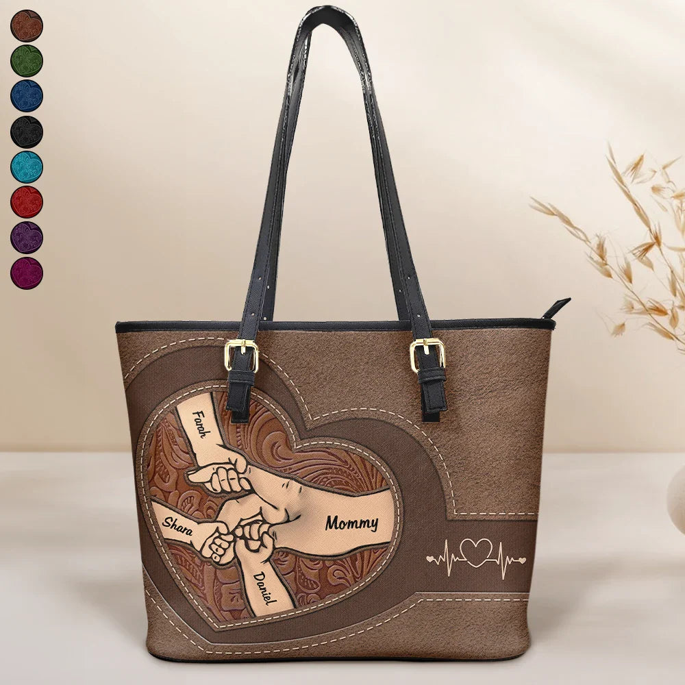 Leather Holding Hands Icon Mom Grandma & Kids - Personalized Leather Tote Bag