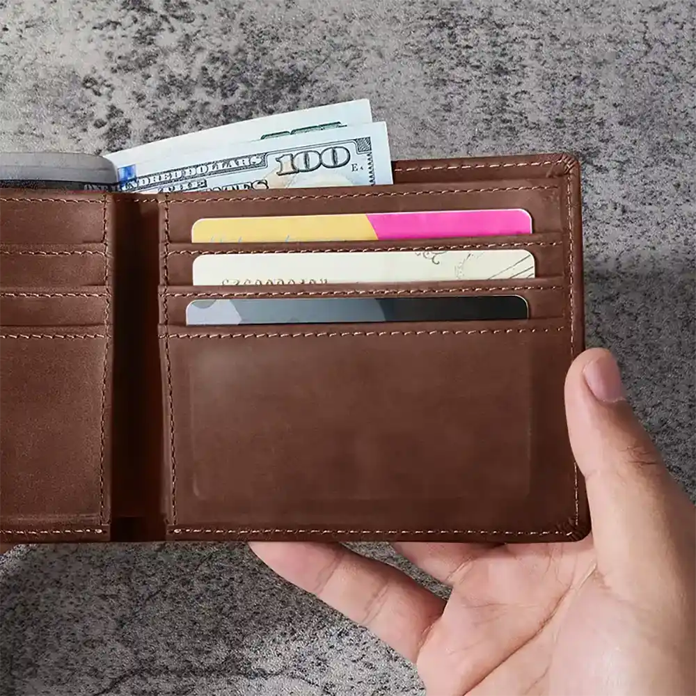 Gift For Grandpa, Gift For Father, Happy, Gift For Men, Stick Figure - This Grandpa Dad Belongs To Kids Pet - Personalized Leather Wallet
