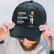 Gift For Father,Gift For Grandpa,Happy - Legend Husband Daddy Embroidery Effect - Personalized Vintage Washed Denim Cap