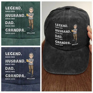 Gift For Father,Gift For Grandpa,Happy - Legend Husband Daddy Embroidery Effect - Personalized Vintage Washed Denim Cap
