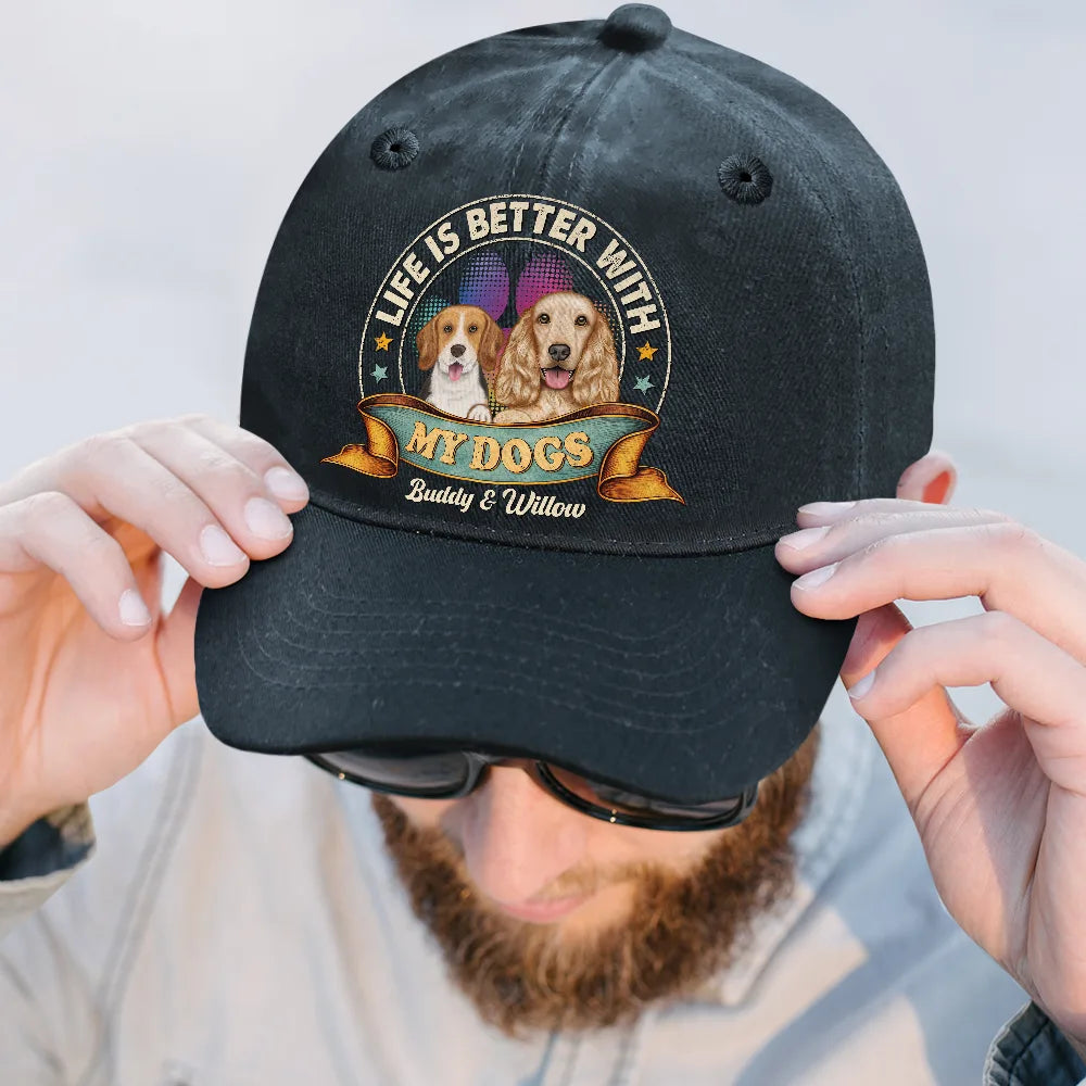 Pet Mom, Pet Dad, Happy - Life Is Better With Cat Dog Storybook Vintage Style - Personalized Vintage Washed Denim Cap