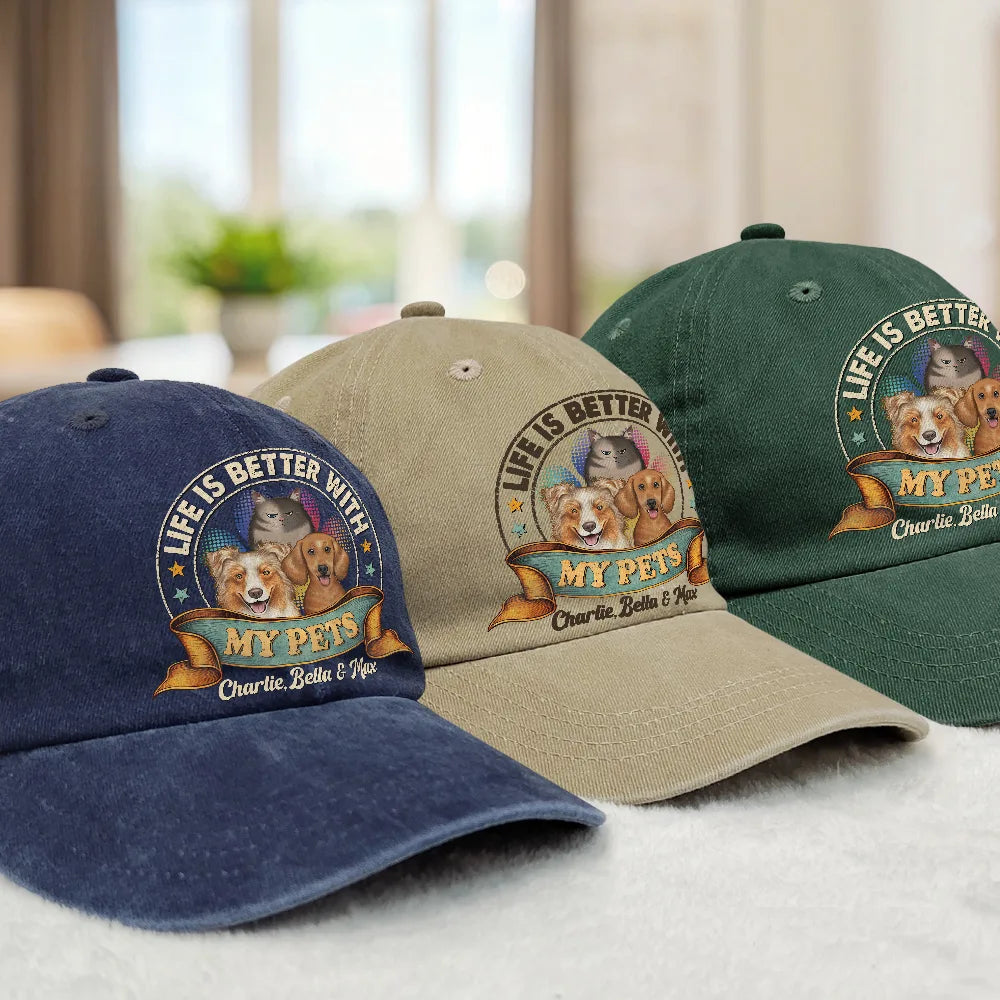 Pet Mom, Pet Dad, Happy - Life Is Better With Cat Dog Storybook Vintage Style - Personalized Vintage Washed Denim Cap