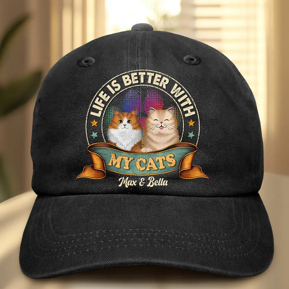 Pet Mom, Pet Dad, Happy - Life Is Better With Cat Dog Storybook Vintage Style - Personalized Vintage Washed Denim Cap