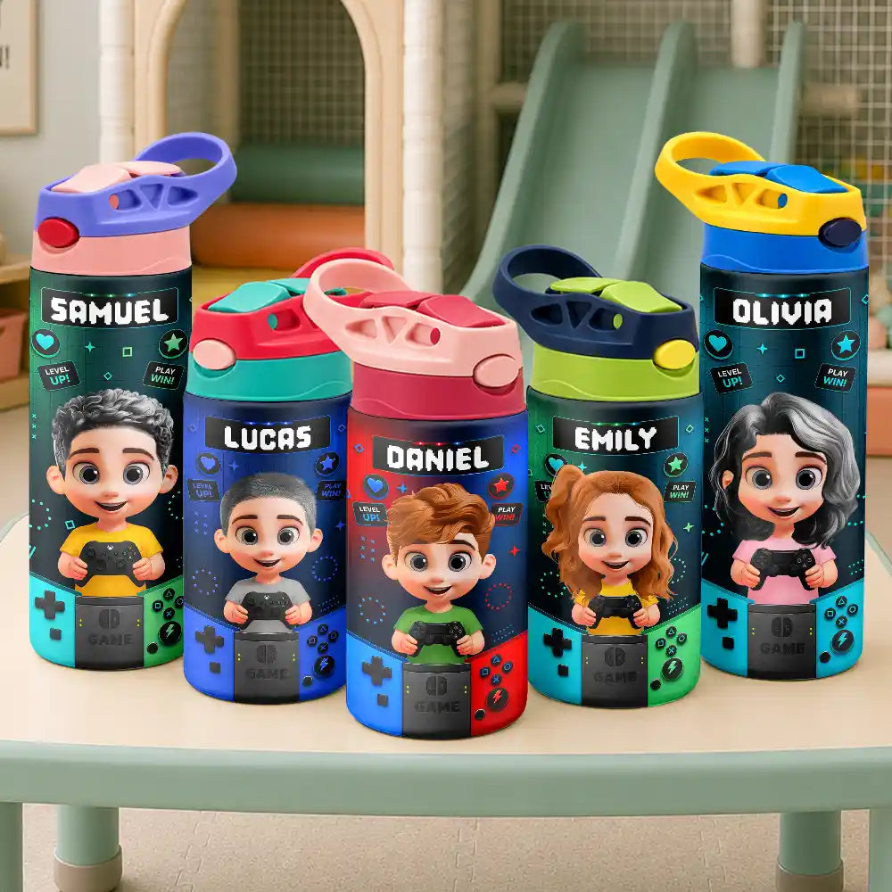 Playful,Back To School,Gift For Kids,Vector - Little Boy Girl Playing Game - Personalized Insulated Water Bottle With Straw