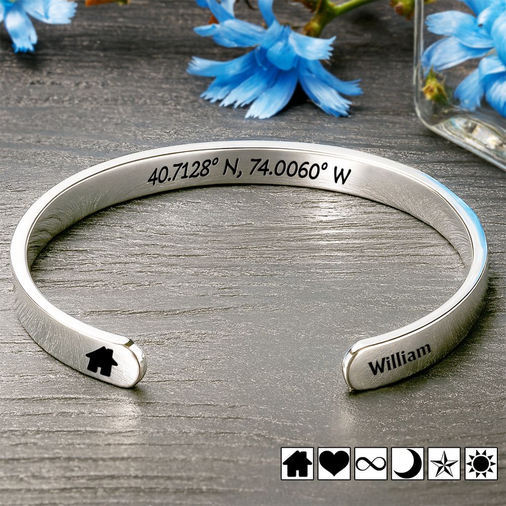 Location Coordinates I Own This Place - Personalized Bangle Bracelet Cuff
