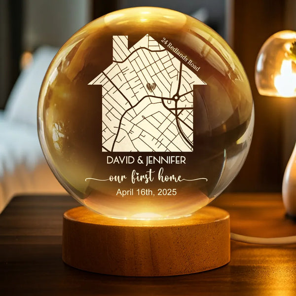 Love, Family - Location Map First Time Home - Personalized Crystal Globe Lamp