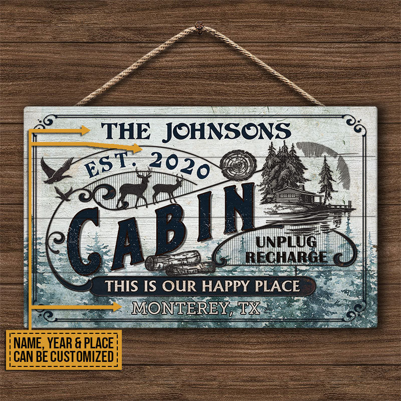 Log Cabin This Is Our Happy Place Custom Wood Rectangle Sign