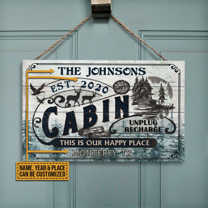 Log Cabin This Is Our Happy Place Custom Wood Rectangle Sign