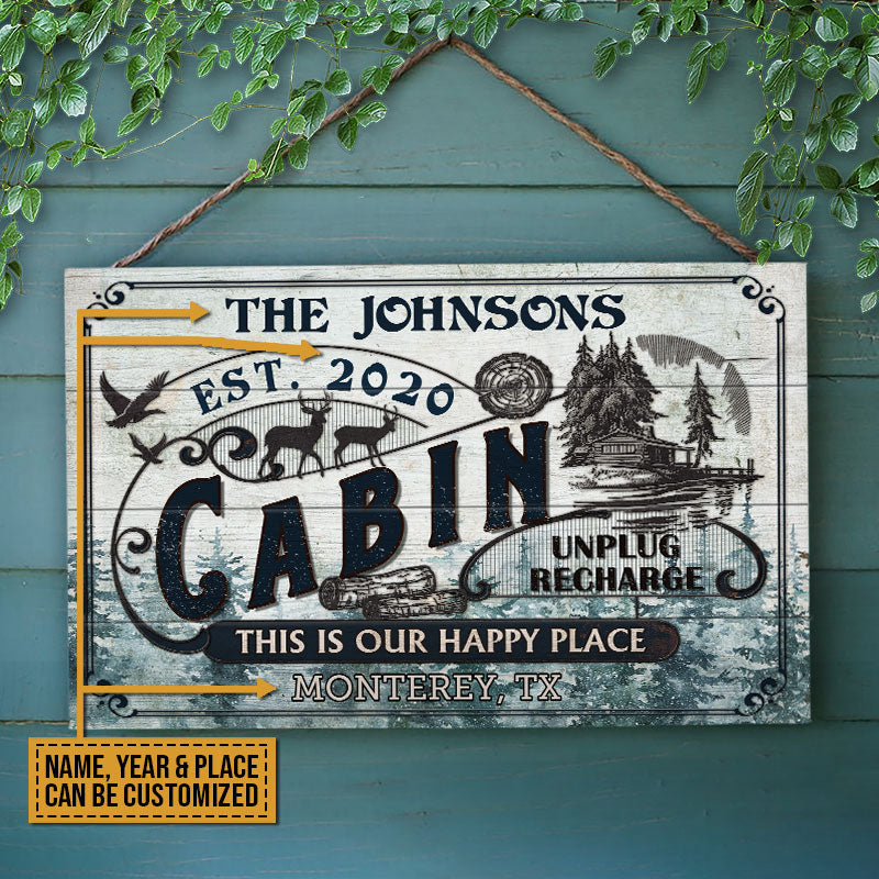 Log Cabin This Is Our Happy Place Custom Wood Rectangle Sign