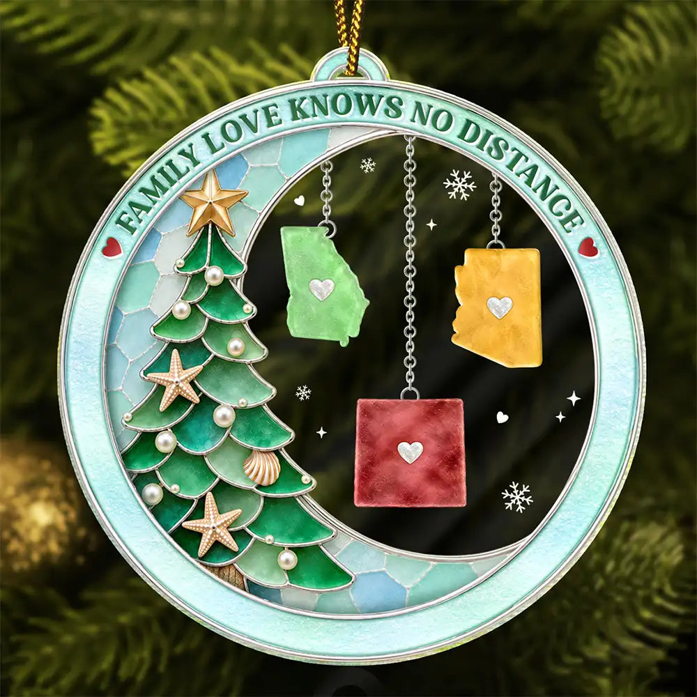 Long Distance Family Love Knows No Distance Sea Glass Effect - Personalized Custom Shaped Acrylic Ornament
