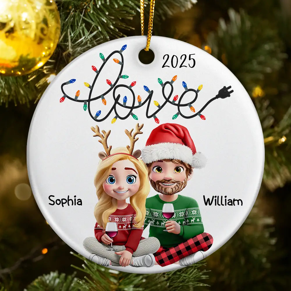 Love Light Christmas 3D Couple - Personalized Circle Ceramic Ornament