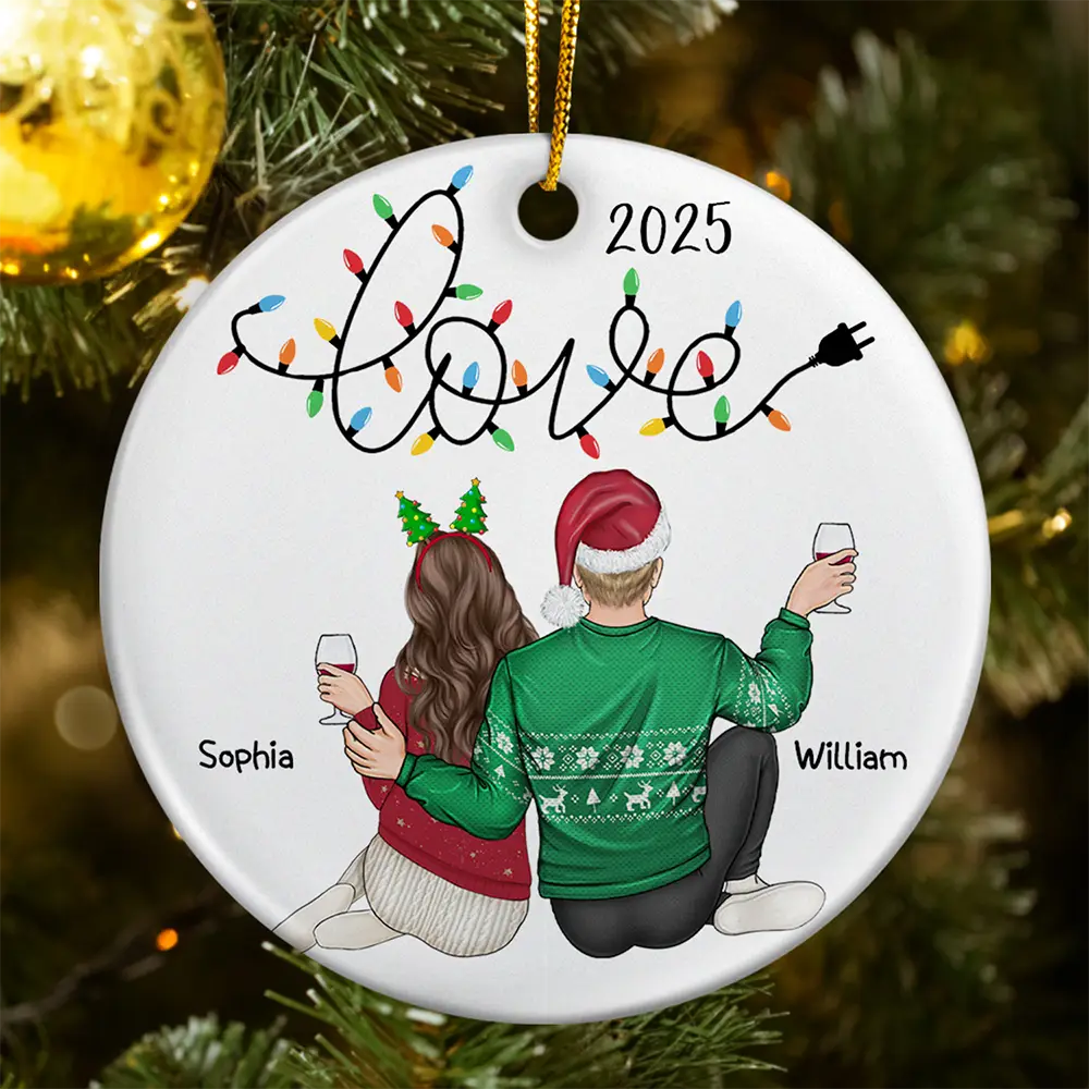 Love Light Christmas Couple - Personalized Circle Ceramic Ornament