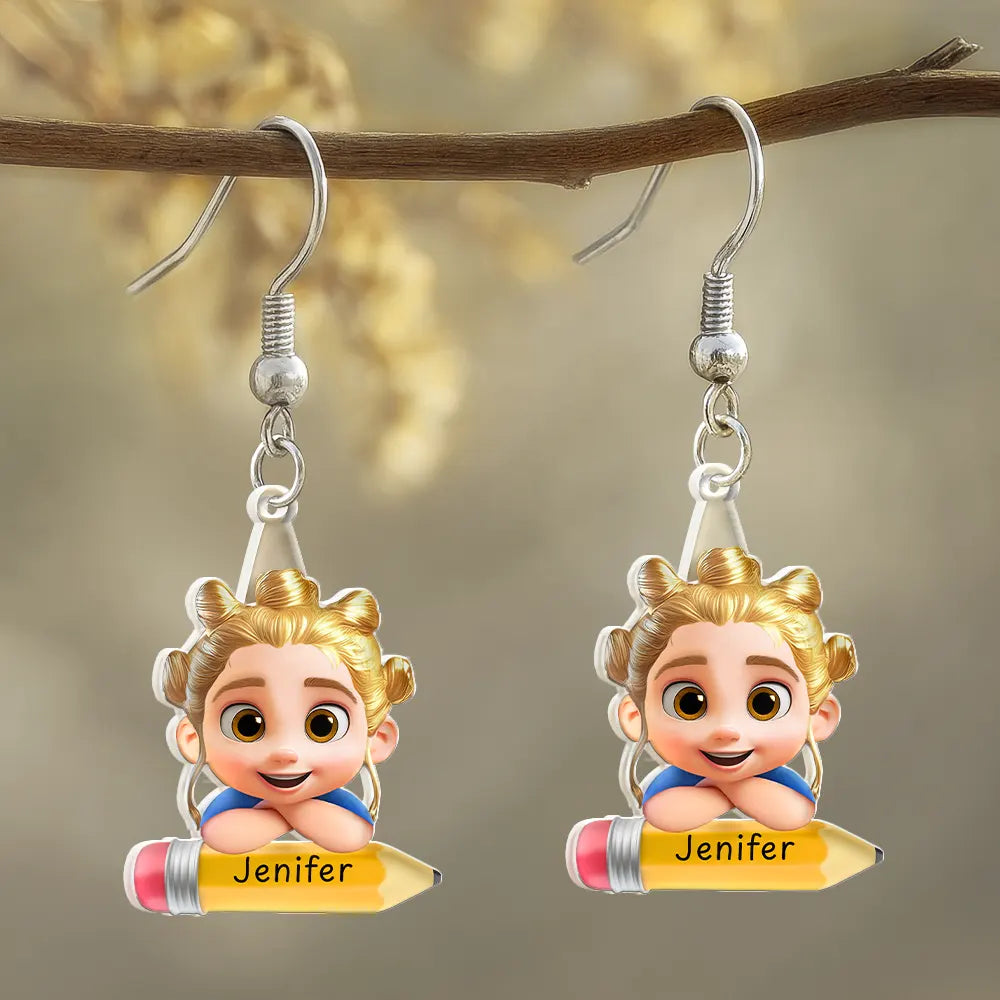 Gift For Kids,Back To School,Love - Lovely Kid On The Pencil - Personalized Acrylic Earrings