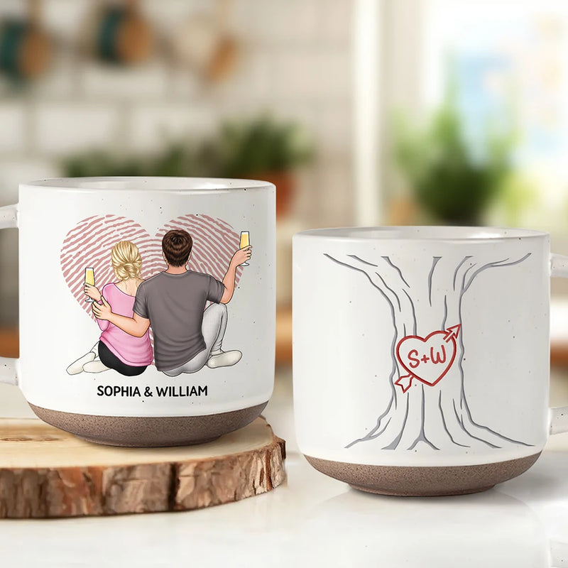 Gift For Couples,Gift For Wife,Gift For Husband,Gift For Boyfriend,Gift For Girlfriend,Love - Loving Couple Carved Initials Heart Tree - Personalized Pottery Mug