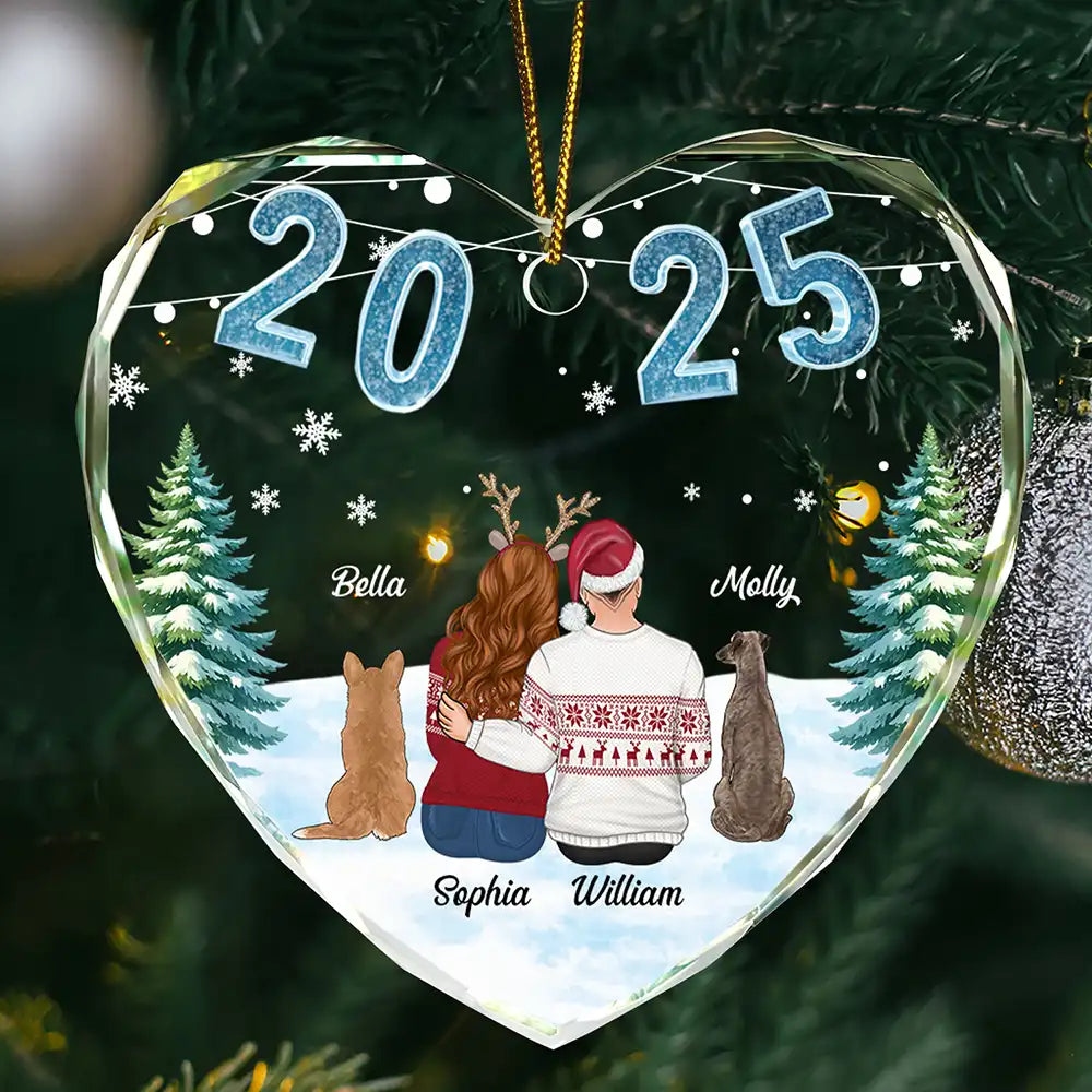 Loving Couple Dog Cat - Personalized Heart Shaped Glass Ornament