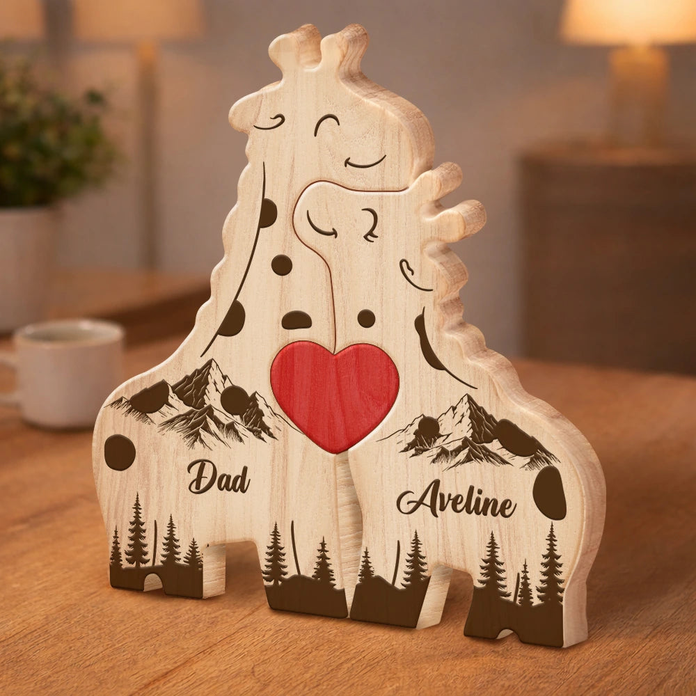 Gift For Mother,Gift For Father,Gift For Grandma,Gift For Grandpa,Love - Loving Giraffe Family - Personalized Custom Shaped Wooden Puzzle